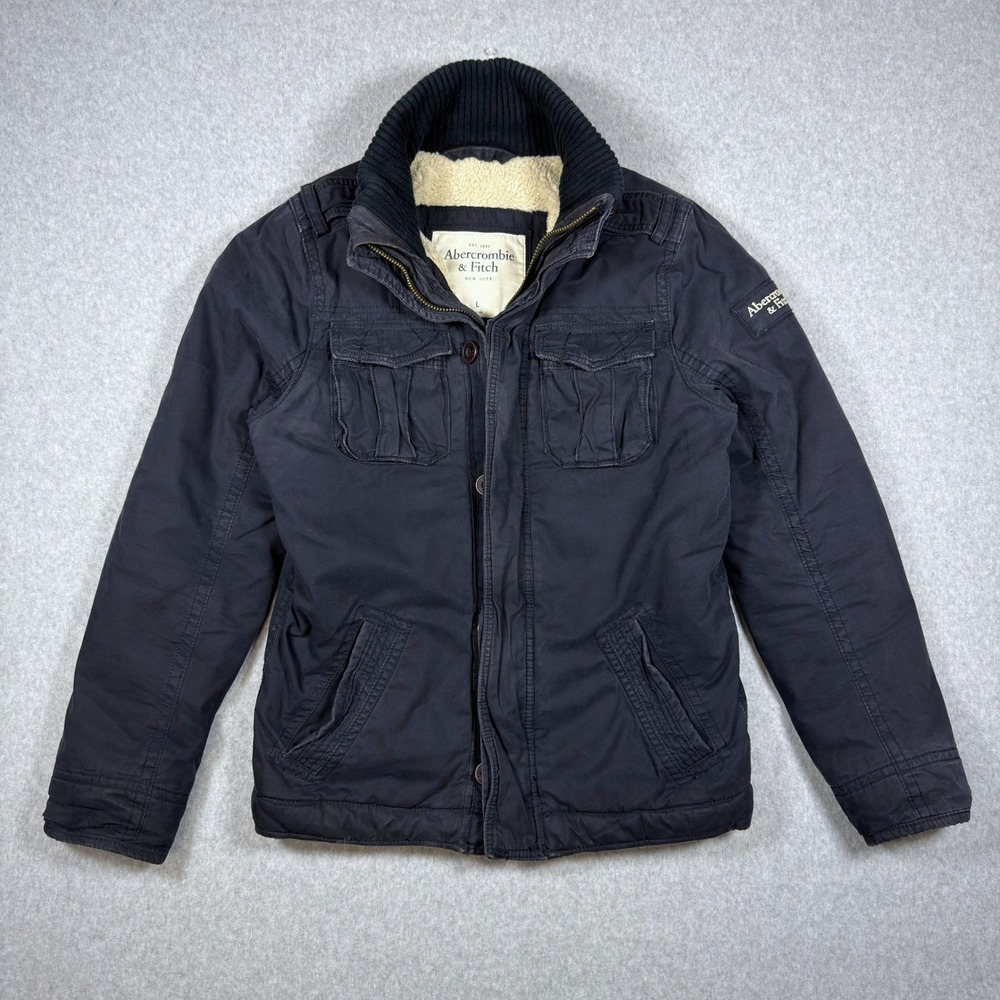 Abercrombie & Fitch Mens Large Navy Blue Faux Shearling Lined Canvas Jacket
